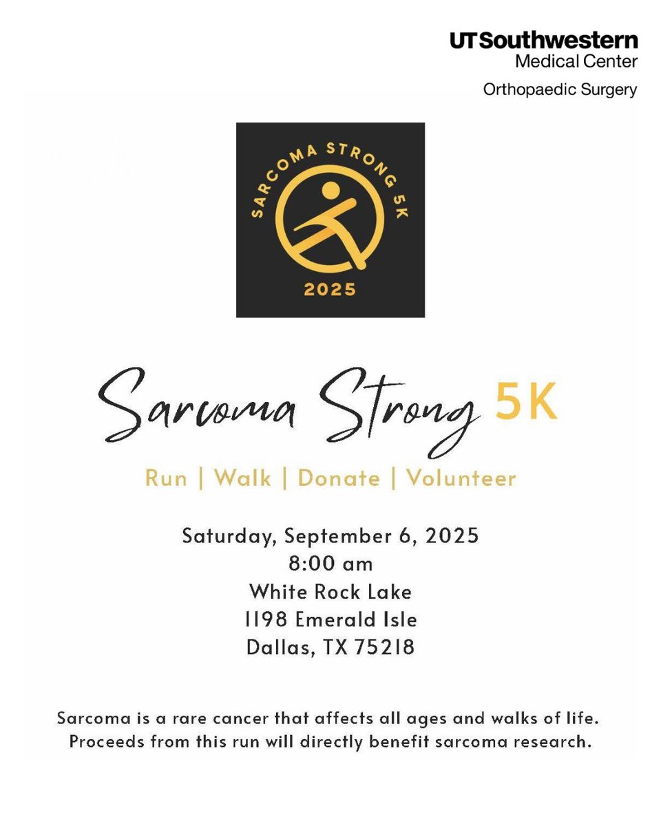 utswortho's tweet image. Save the date 📅 Sarcoma Strong 5K 2025 is coming this fall!
The Sarcoma Strong 5K in Dallas will be held Saturday, September 6 at White Rock Lake.
Register today to make a difference ➡️ bit.ly/4eTMpW9
@UTSWMedCenter @utswcancer @DrAntoniaChen @SarcomaStrong