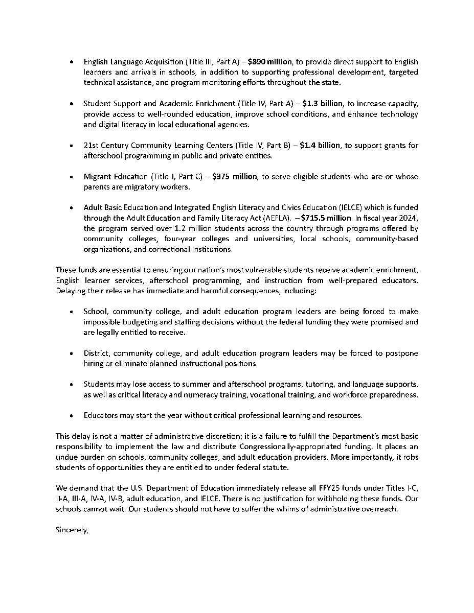 GovNedLamont's tweet image. Today I joined Governors from across the nation in writing to @EDSecMcMahon and @RussVought47 and urging that federal education funding already appropriated for 2025 be distributed as promised.
Our schools depend on this funding for student success. We cannot let them down.