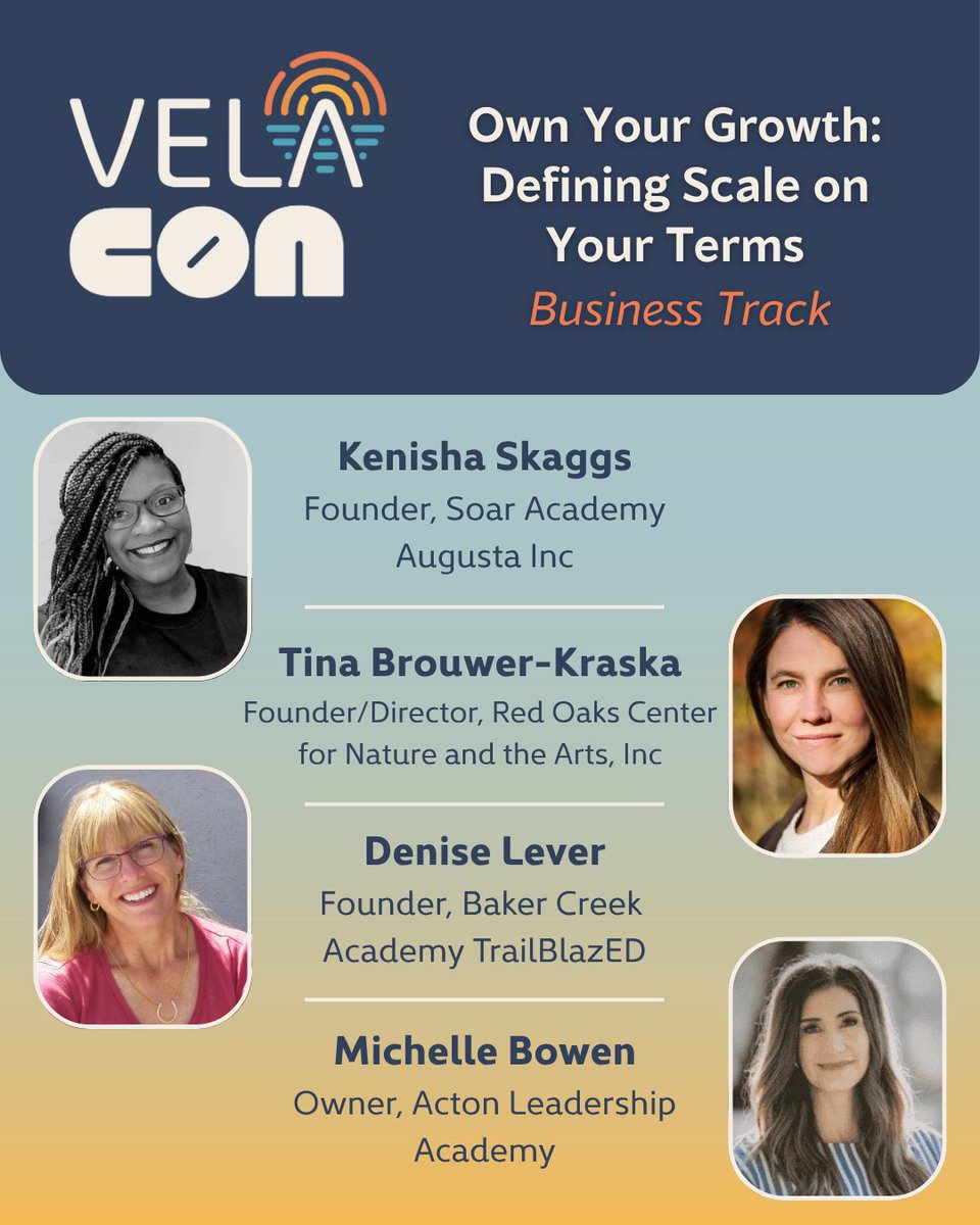 VELAorg's tweet image. ✨ VELA Con programming showcase | Business track: “Own Your Growth: Defining Scale on Your Terms” featuring Kenisha Skaggs, Tina Brouwer-Kraska, Denise Lever, and Michelle Bowen.
---
Scaling a learning environment doesn’t always mean opening more sites—it might mean deepening…