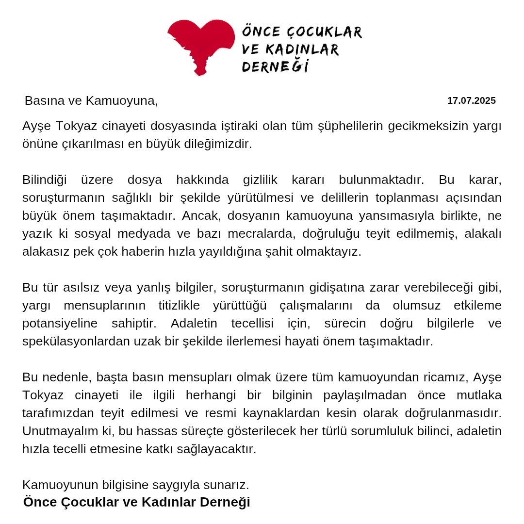 Ayşe Tokyaz cinayetine ilişkin kamuoyuna açıklamamızı paylaşıyoruz. Bilgi kirliliği değil, sorumluluk istiyoruz.

#ayşetokyaz
#AyseTokyazİcinAdalet