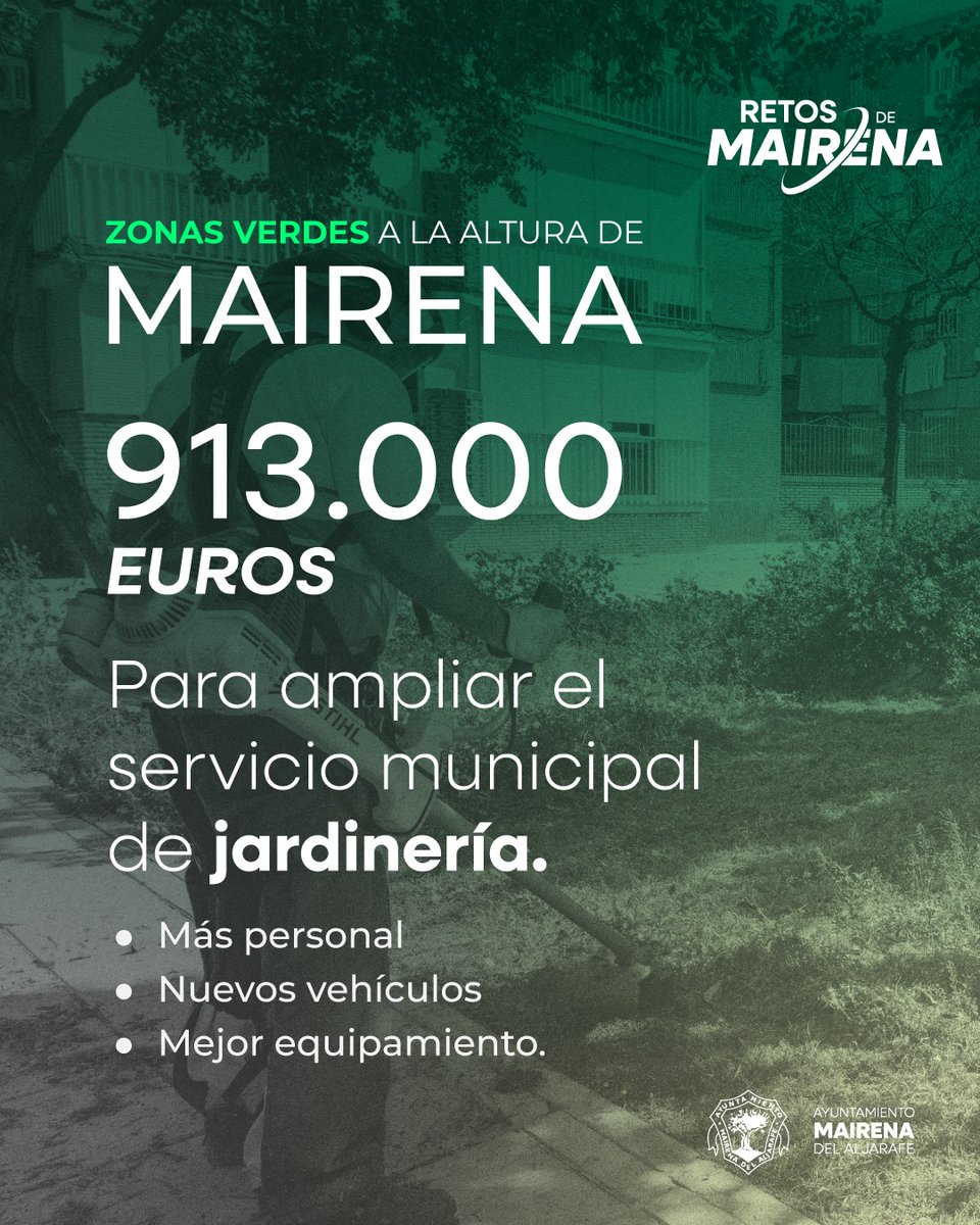 La licitación para ampliar el servicio de jardinería ya está en marcha, con más de 900.000€ de inversión para mejorar las zonas verdes en todos los barrios.
Como hicimos con la limpieza, actuamos con firmeza para afrontar los #RetosdeMairena. #Mairena crece y seguimos cumpliendo