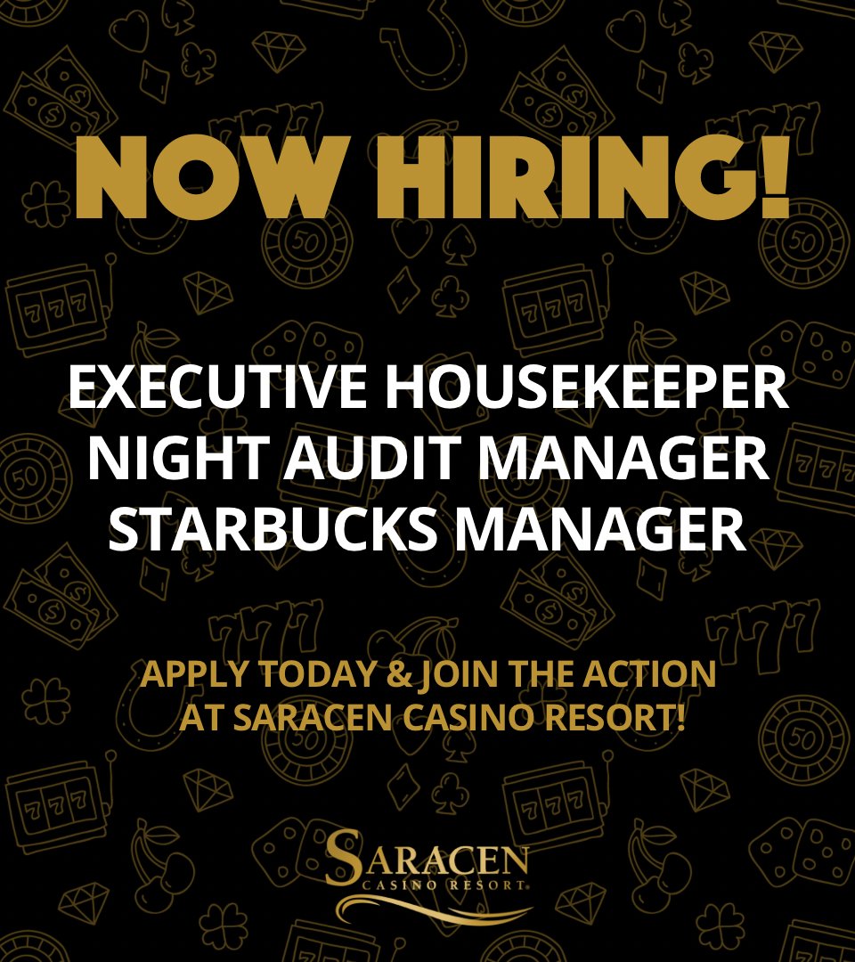 SaracenCasinoAR's tweet image. 🚨 NOW HIRING at Saracen Casino Resort! 🚨
We’re gearing up for our brand-new hotel and event center — and we need YOU on our team!
We’re currently hiring for:
🧼 Executive Housekeeper
🌙 Night Audit Manager
☕️ Starbucks Manager
Apply today ➡️ f.mtr.cool/agfcpmjogp
More…