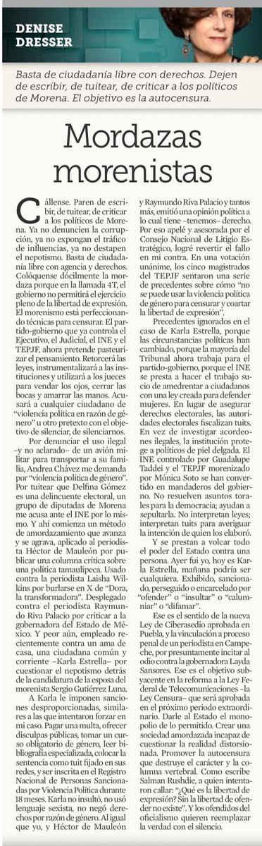 DeniseDresserG's tweet photo. Ojalá que “Dato protegido” y la 4T hayan aprendido la lección. El abuso de la ley contra la violencia política en razón de género se les regresó como un bumerán. Quedó evidenciada la estrategia de mordazas morenistas, que busca amedrentar ciudadanos con el fin de callar críticas. Seguiremos denunciando la intimidación, la complicidad política del @TEPJF_informa, y la conversión de las autoridades electorales en fiscalizadores de tuits.
