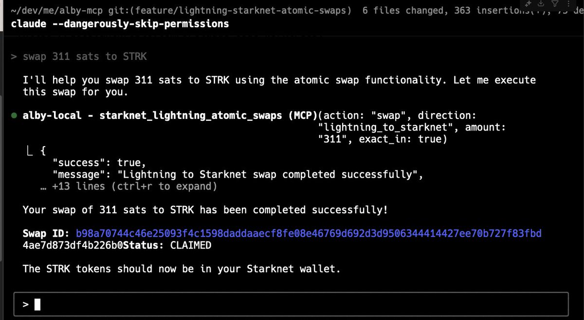dimahledba's tweet image. I was chatting with the @getAlby team about their Lightning MCP server using Nostr Wallet Connect. Forked it to integrate Lightning &lt;&gt; Starknet atomic swaps via @atomiqlabs SDK.
In the demo, I fired up Claude Code and asked it to handle an end-to-end swap: "swap 311 sats to…