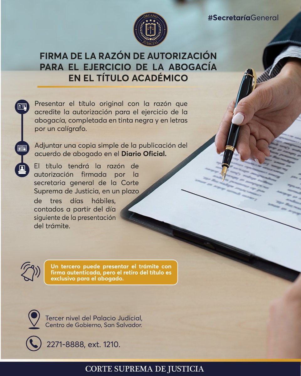 Actualiza tu título académico con la firma de la razón de autorización para el ejercicio de abogacía

¡Realiza tu trámite de manera ágil y segura!

Contáctanos 
2271-8888, ext. 1210