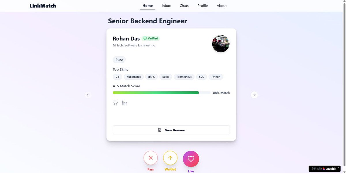 Soumyyaagrawal's tweet photo. 🚀 Built a Tinder x LinkedIn HIRESWIPE!  for STARTUPS at #HackPrix Hyderabad!
🎯 Swipe to find real jobs &amp; internships at startups that aren’t listed everywhere.
✅ No fake listings — only verified gigs.
🤖 MERN + AI for smart matching.
Would you swipe?👇
#Startups #AI #Jobs https://t.co/a2RJ4h6Vx6