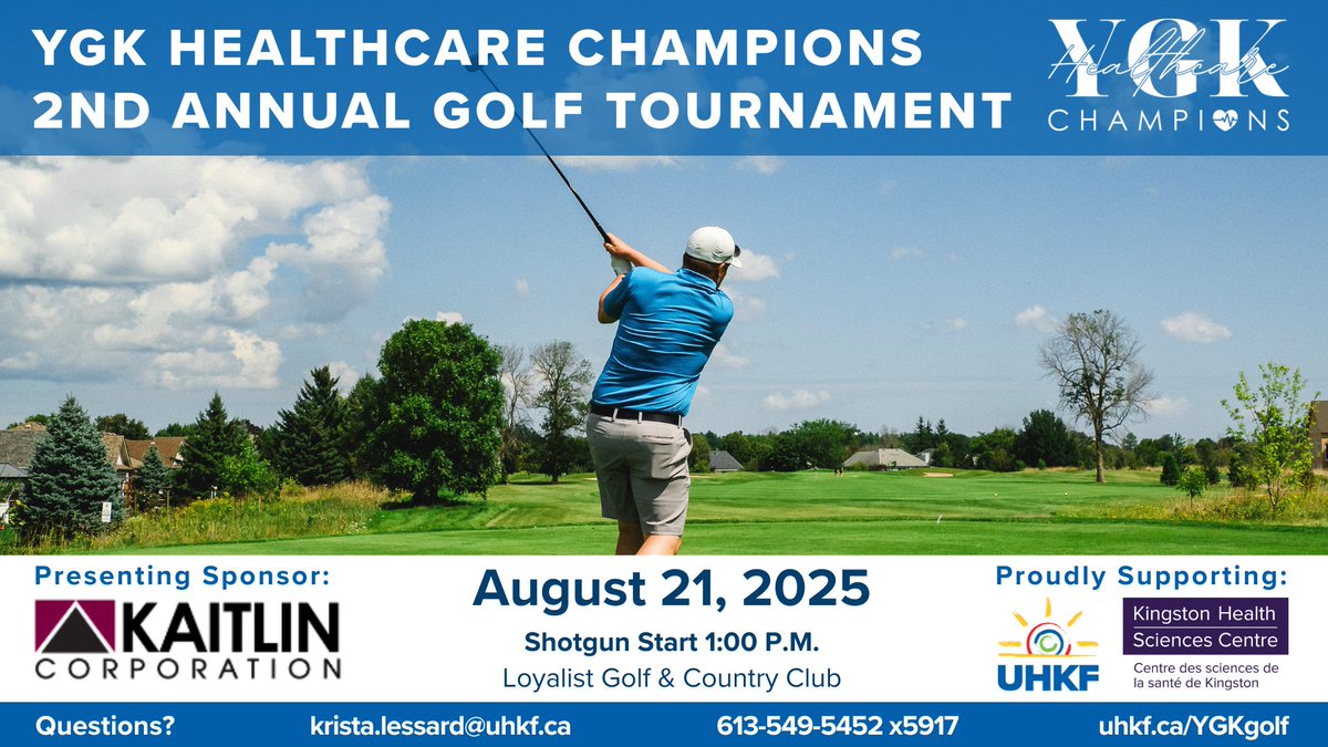 University Hospitals Kingston Foundation (@uhkf) on Twitter photo Be part of something bigger: golf for heroes! ⛳
The 2nd Annual YGK Healthcare Champions Golf Tournament is on Aug. 21 at <a href="/LoyalistGolfCC/">Loyalist Golf & CC</a> and funds raised from donations and registrations will support <a href="/KingstonHSC/">KingstonHSC</a>! 🏥 #ygk
Limited spots left: bit.ly/3YE0qQX Be part of something bigger: golf for heroes! ⛳
The 2nd Annual YGK Healthcare Champions Golf Tournament is on Aug. 21 at <a href="/LoyalistGolfCC/">Loyalist Golf & CC</a> and funds raised from donations and registrations will support <a href="/KingstonHSC/">KingstonHSC</a>! 🏥 #ygk
Limited spots left: bit.ly/3YE0qQX