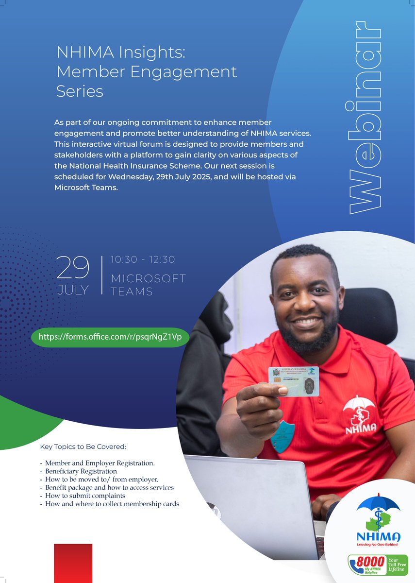 As part of our ongoing commitment to enhance member engagement and promote better understanding of NHIMA services, we are pleased to announce this session of our monthly webinar series titled “NHIMA Insights: Member Engagement Series.”

Registration Link: forms.office.com/r/psqrNgZ1Vp