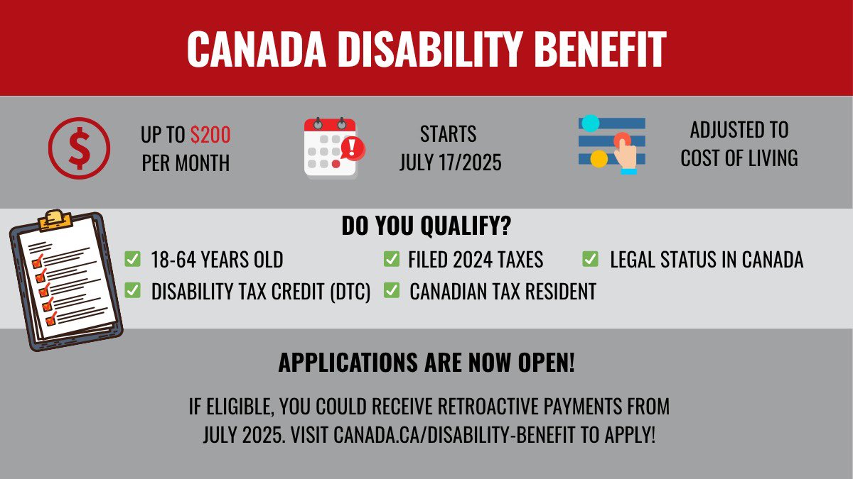 📢Canada Disability Benefit applications are NOW OPEN!

If you're 18–64, receive the DTC, and filed 2024 taxes, you may get up to $200/month (adjusted to cost of living).  

💰 Retroactive payments may apply.

✅ Apply: canada.ca/disability-ben…