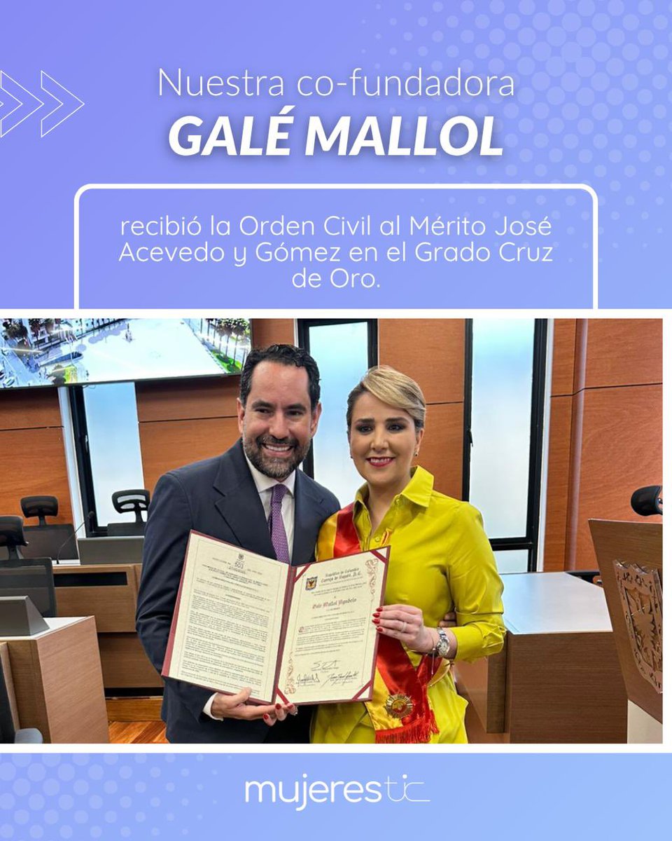 🩵 Hoy celebramos con el corazón lleno de orgullo a nuestra cofundadora Galé Mallol, quien ha sido condecorada con la Orden Civil al Mérito José Acevedo y Gómez en el Grado Cruz de Oro🏅.

Un reconocimiento a su pasión, entrega y liderazgo en el sector #TIC.