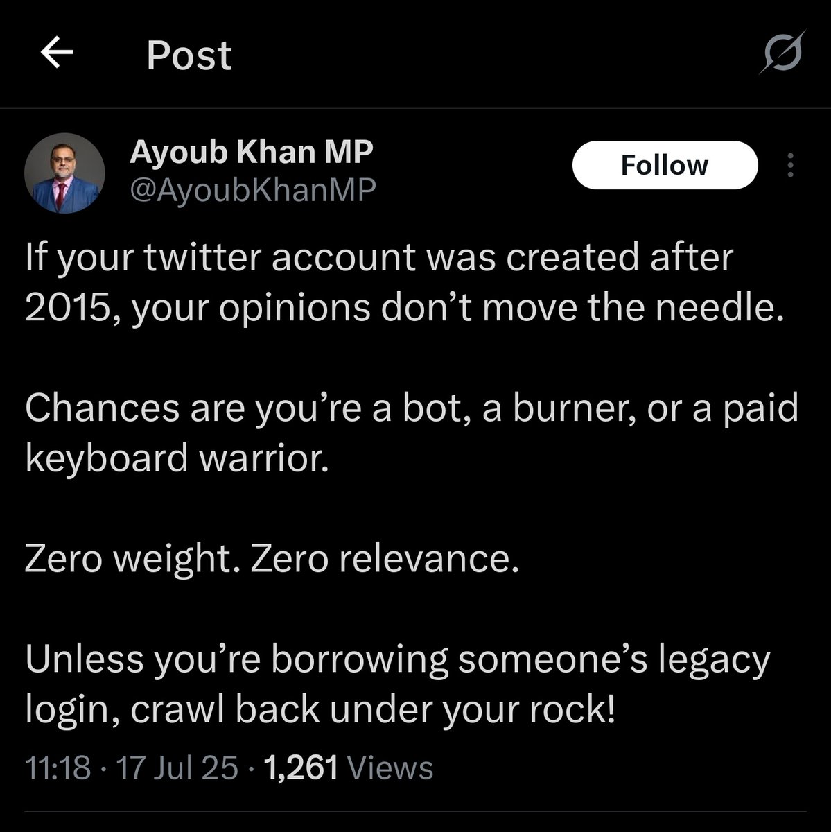 Con_Tomlinson's tweet image. Ayoub Khan is so sure that his political opponents are "a bot, a burner, or a paid keyboard warrior" that he blocks his critics.
Perhaps I upset him by disproving his disgusting claim that the grooming gang scandal is a "false right-wing narrative ... done in order to sow…