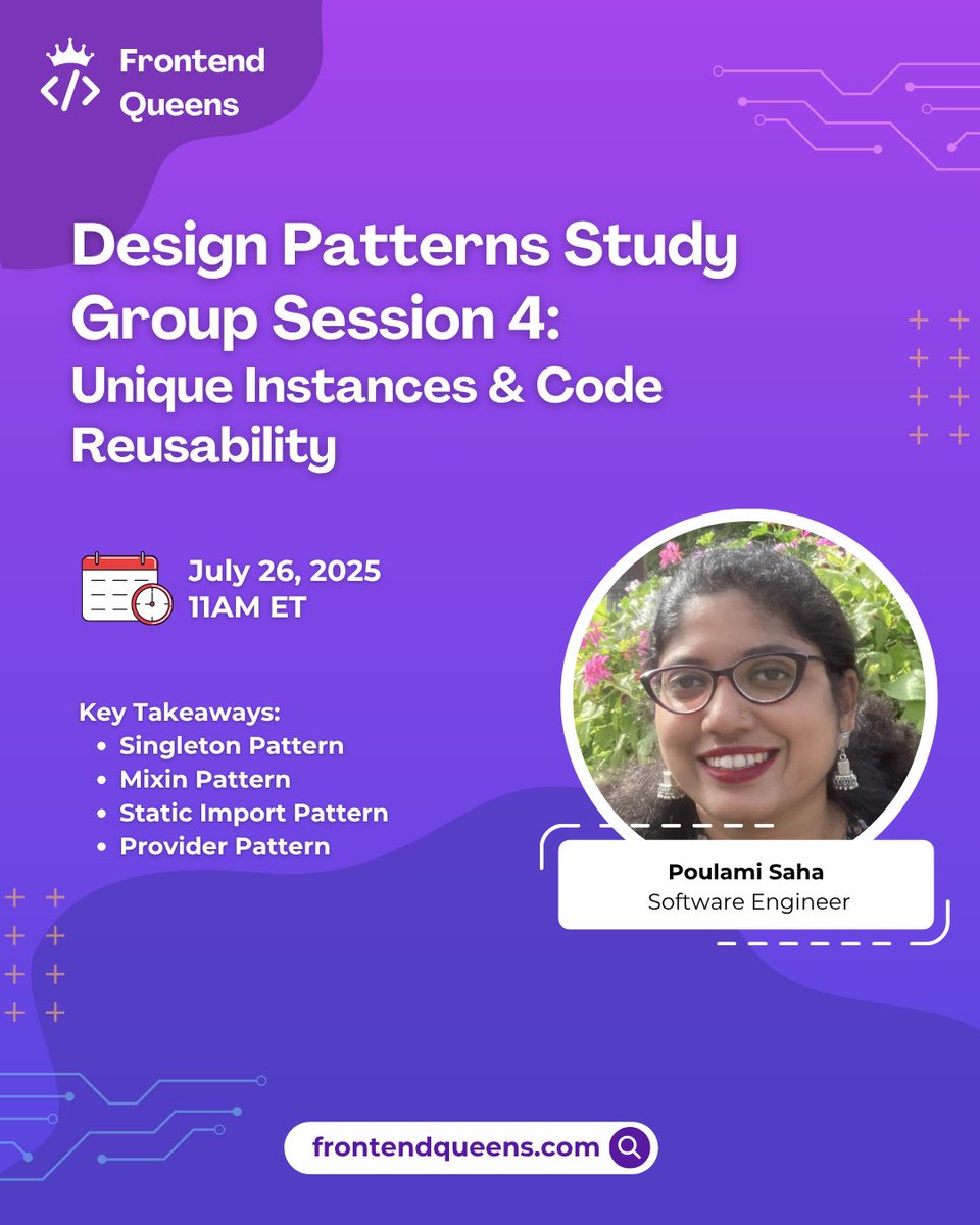 Design Patterns Study Group – Session 4
📅 July 26 | ⏰ 11 AM ET
Learn Singleton, Mixin, Static Import &amp; Provider Patterns with senior engineer Poulami Saha.
Great for devs who want cleaner and reusable code.
🔗 Register: bit.ly/40RtdCo