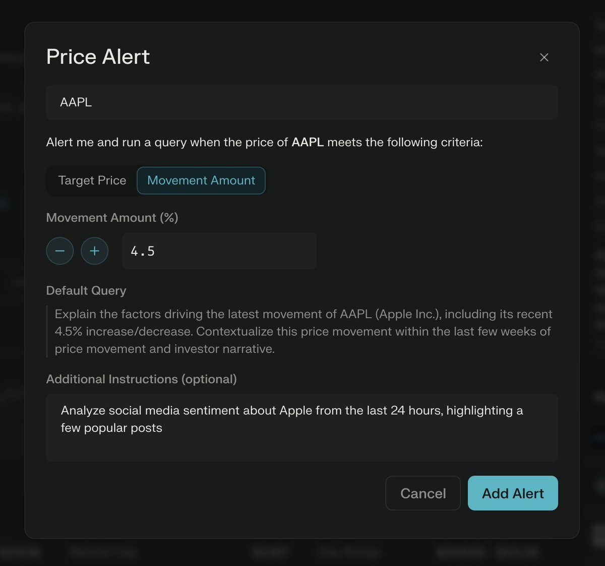 jeffgrimes9's tweet image. We're starting to roll out price alerts on Perplexity Finance.
Whenever an asset hits a target price or intraday movement threshold that you specify, we'll run a customizable query for you, and send you an email or push notification.