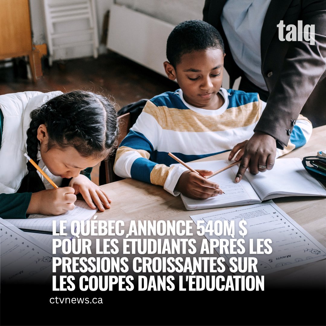 talq_quebec's tweet image. Le secteur scolaire applaudit la nouvelle, mais reste prudent face à ce nouveau changement de financement. L'avenir de nos enfants est en jeu.
* En savoir plus 👉🏼 ow.ly/mMOv50Wrftj
#TALQ_Quebec #FinancementScolaire #ActualitéQC #ÉducationQuébec