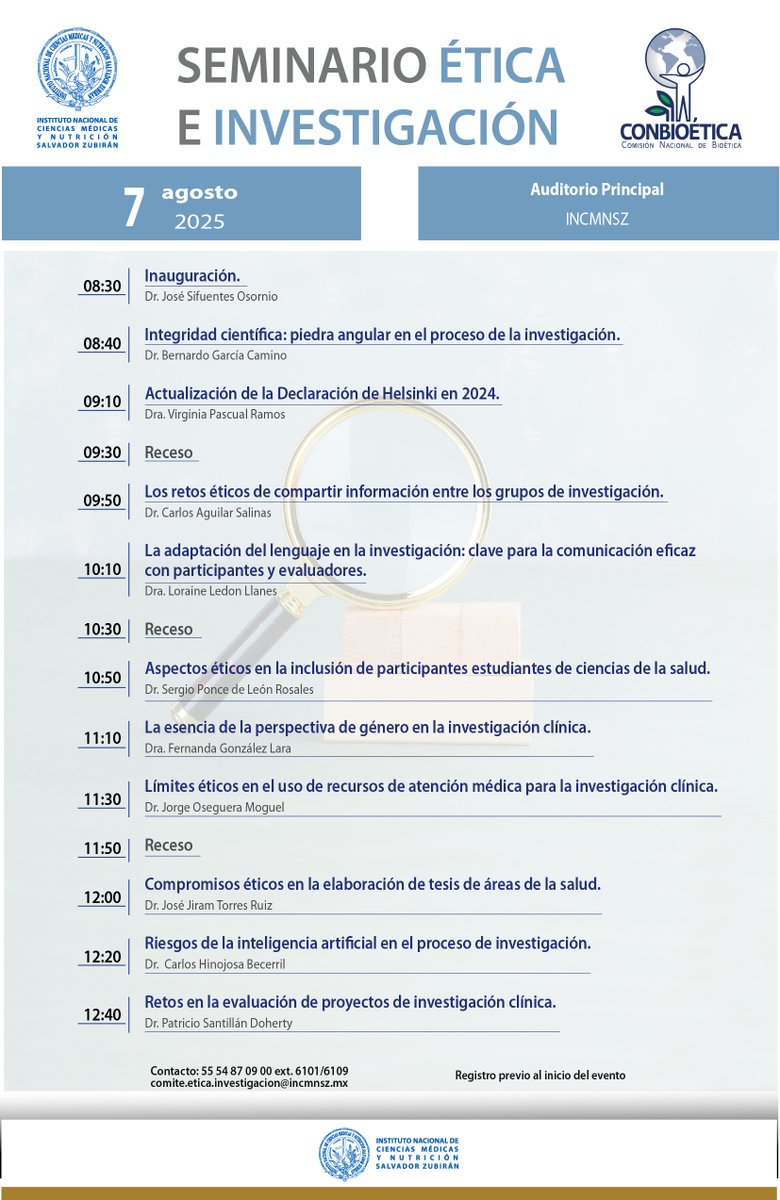 Seminario ética e investigación
7 de agosto de 2025
Auditorio principal INCMNSZ
