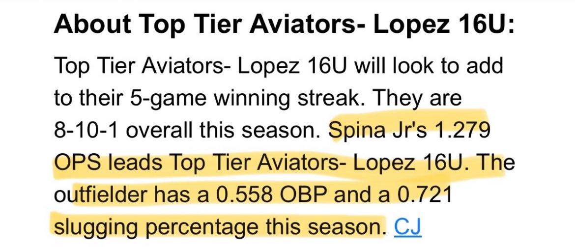 Through a month and a half of baseball this summer currently posting these #’s
<a href="/TopTierAviators/">Top Tier Aviators LI NY</a> <a href="/axcessbaseball/">Axcess Baseball LI</a> <a href="/PB_NY_LI_Scouts/">Prep Baseball New York Scouting - Long Island</a> 
Avg: .465 ( 52 Pa’s, 45 abs)
OPS: 1.279
SLG: .721
SBs: 17
—————
8.1 IP
hits: 4
ER: 2
SO: 10
ERA: 1.6