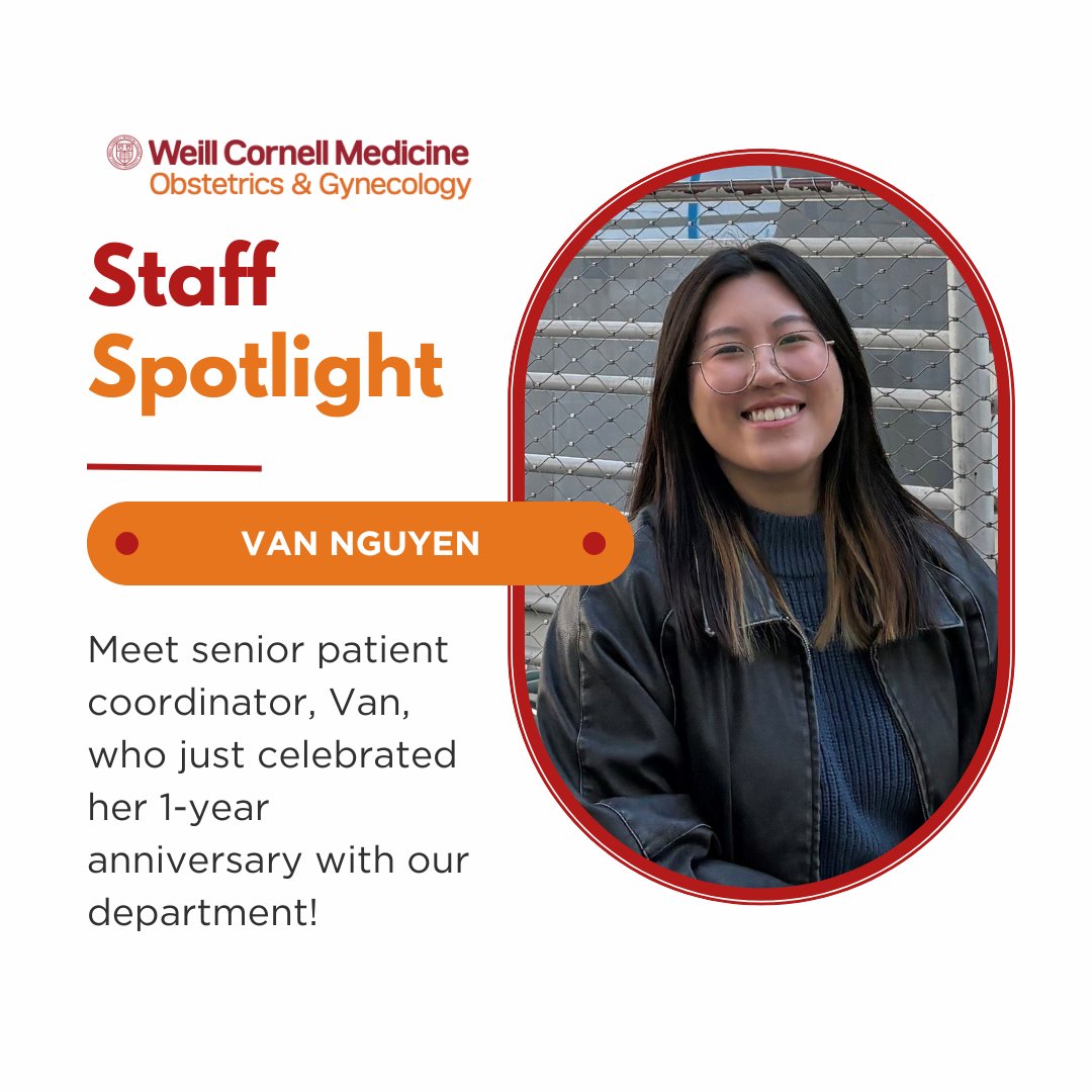 WCM_OBGYN's tweet image. Van joined the department as administrative support on our floater team. Last month, she celebrated one year @WeillCornell, and we appreciate her dedication and strong work ethic! Her fun fact? “I have the exact same birthday as my dad, so it&apos;s double the fun!&quot; #staffspotlight