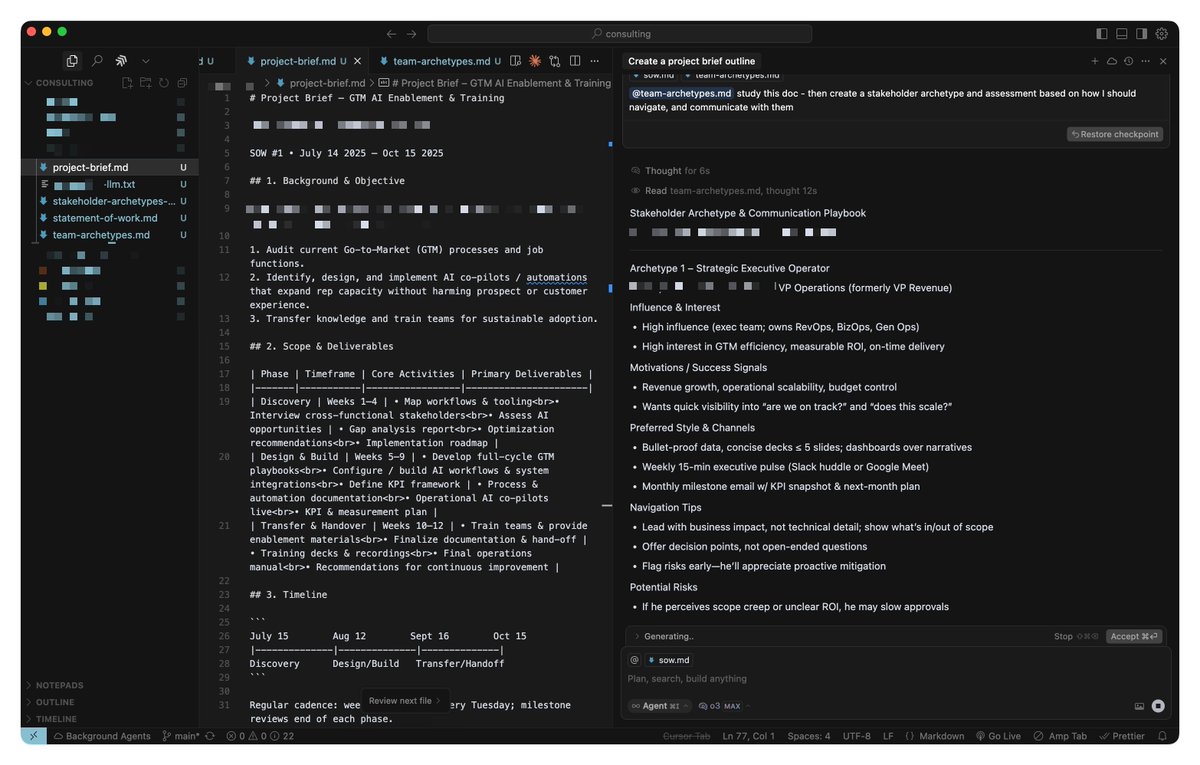 amirmxt's tweet image. how I always start my consulting projects using AI:
1) create an llm.txt file to use as context on anything that's relevant about the client
2) take statement of work → turn into a project plan that outlines activities, deliverables, and next steps
3) download/scrape as much…