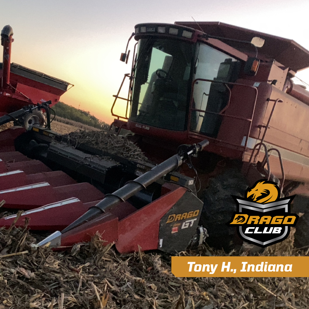Drago Club member Tony H., Indiana, maximizes yield with his six-row Drago featuring long down corn augers for tough conditions. Maximize your yield by visiting dragotec.com/testimonials.