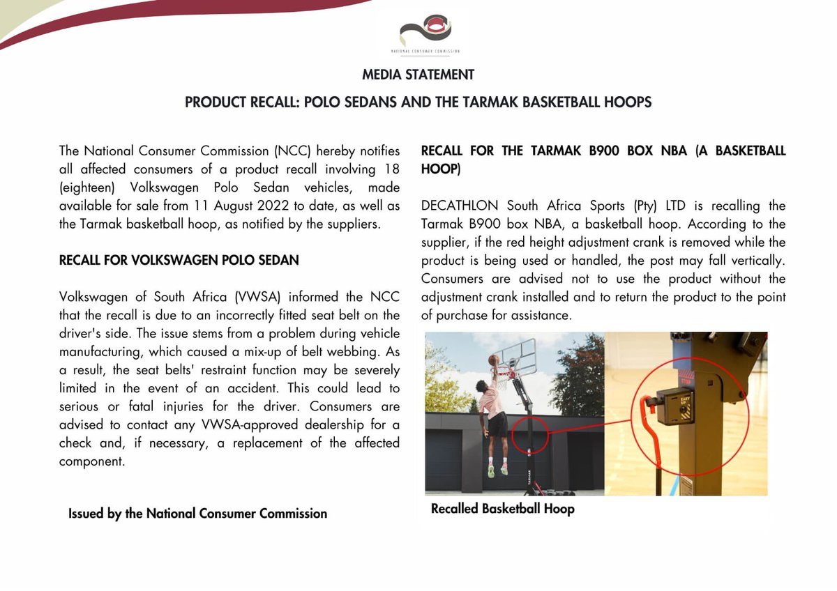 TheNCC_RSA's tweet image. Safety Recall Notice: Prioritise Safety Both on and Off the Road.
The VW Polo Sedans and Tarmak Hoops are being recalled owing to serious safety issues. Refer to the statement below for comprehensive information.
@PhethoN @the_dtic