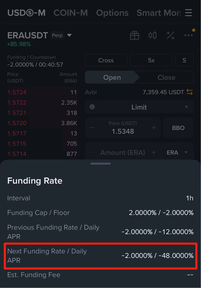 【涨见识：资金费率年化 -17520% ‼️】

今天刚上币安 Alpha 和现货的 $ERA
🔹 现货价格：$1.8
🔹 合约价格：$1.5
🔹 资金费率：-2%/h

这资金费率每 1 小时调整一次，也就是每天 -48%！

意味着：如果做空的话，过 2 天你的保证金就归零了

不知道是哪些勇士在当空军？

有请 <a href="/agintender/">danny</a> Danny