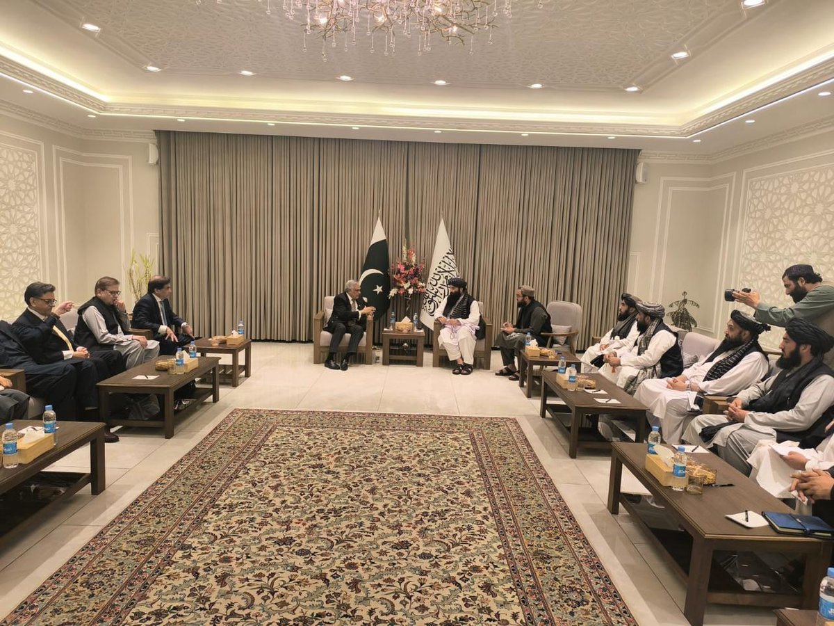 AmbassadorSadiq's tweet image. A meeting between the Deputy Prime Minister / Foreign Minister, Senator Mohammad Ishaq Dar and Mr. Sirajuddin Haqqani, Acting Interior Minister of Afghanistan took place on the sidelines of the signing ceremony for the Framework Agreement on Joint Feasibility Study of the UAP…
