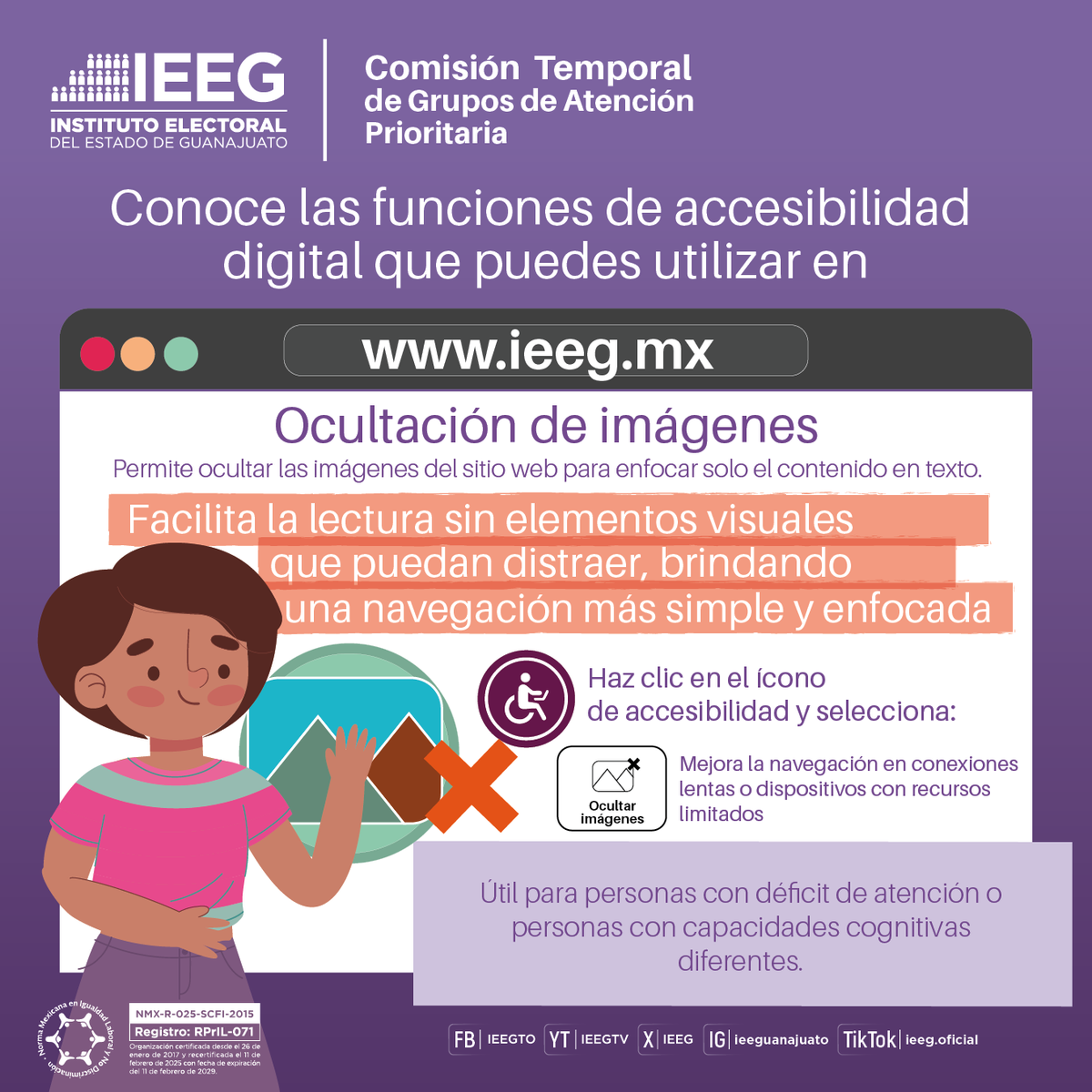 🟣 | La ocultación de imágenes  facilita la lectura sin elementos visuales que puedan distraer para brindar una navegación más simple y enfocada.

ieeg.mx

#LaDemocraciaSeViveTodosLosDías