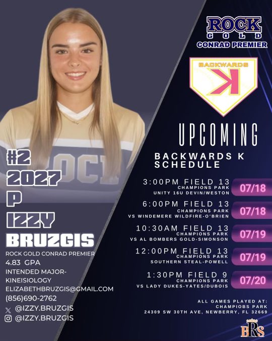 Izzy Bruzgis 2027 (@izzybruzgis) on Twitter photo Last tournament of the summer season!🔥 Come out and watch Rock Gold Conrad Premier compete one last time at Backwards K! Let’s finish strong 💪 <a href="/BrowardRecruit/">Broward Recruiting Service</a> <a href="/RockGold_16u/">Rock Gold Conrad Premier</a> <a href="/SBRRetweets/">Softball Recruiting Reposts</a> <a href="/FastpitchAthRec/">Fastpitch Athlete Recruits</a> <a href="/CoastRecruits/">Coast 2 Coast Recruits</a> <a href="/ExtraInningSB/">EXTRA INNING SOFTBALL</a> <a href="/LineDsoftball/">Line Drive Media</a> <a href="/PGFnetwork/">PGF</a> <a href="/SoftballRecruit/">Softball Recruit 🥎</a> Last tournament of the summer season!🔥 Come out and watch Rock Gold Conrad Premier compete one last time at Backwards K! Let’s finish strong 💪 <a href="/BrowardRecruit/">Broward Recruiting Service</a> <a href="/RockGold_16u/">Rock Gold Conrad Premier</a> <a href="/SBRRetweets/">Softball Recruiting Reposts</a> <a href="/FastpitchAthRec/">Fastpitch Athlete Recruits</a> <a href="/CoastRecruits/">Coast 2 Coast Recruits</a> <a href="/ExtraInningSB/">EXTRA INNING SOFTBALL</a> <a href="/LineDsoftball/">Line Drive Media</a> <a href="/PGFnetwork/">PGF</a> <a href="/SoftballRecruit/">Softball Recruit 🥎</a>