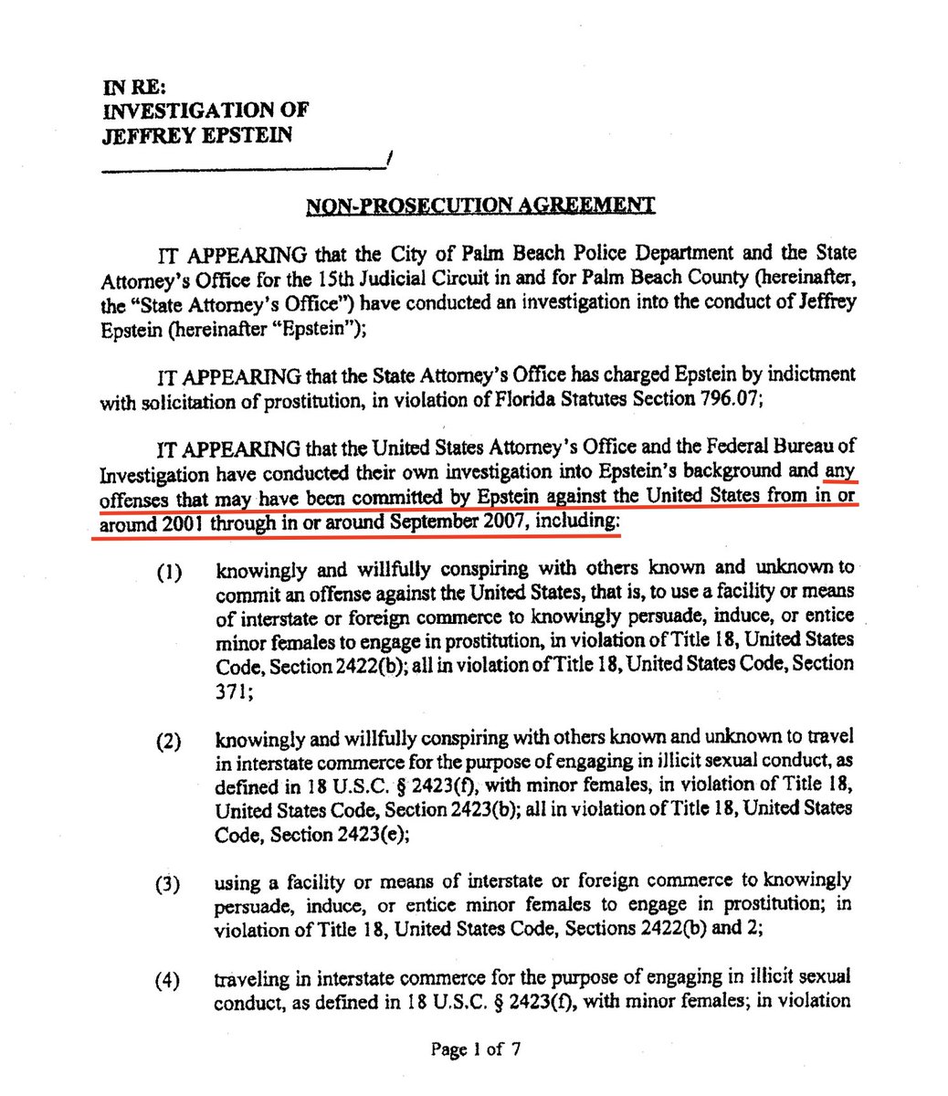 <THREAD>
Let's look at the Jeffrey Epstein non-prosecution agreement with the Feds from 2007.

Did it cover his crimes through the housing crisis of 2008?