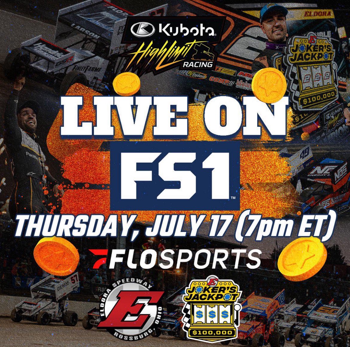 Sprint Car racing on national television?!

Catch us on <a href="/FloRacing/">FloRacing</a> AND <a href="/FS1/">FS1</a> tonight with <a href="/HighLimitRacing/">High Limit Racing</a> for the Jokers Jackpot, $100,000 finale!

FS1 will be providing live broadcasting at 7pm EST! (C, B, and A mains will be broadcast)

Make sure you’re tuning in tonight!
