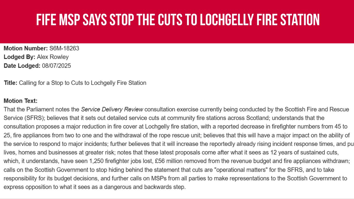 FBUScotland's tweet image. 🔥Thanks to @AlexRowleyFife for putting down a parliamentary motion opposing the proposed cuts to Lochgelly fire cover. Please ask your MSP to support this motion 🚒🔥@fbunational @FbuEast @FBUScotNorth @WestScotlandFBU @UnityConsults @scotgov @FBU_Scotland_EC