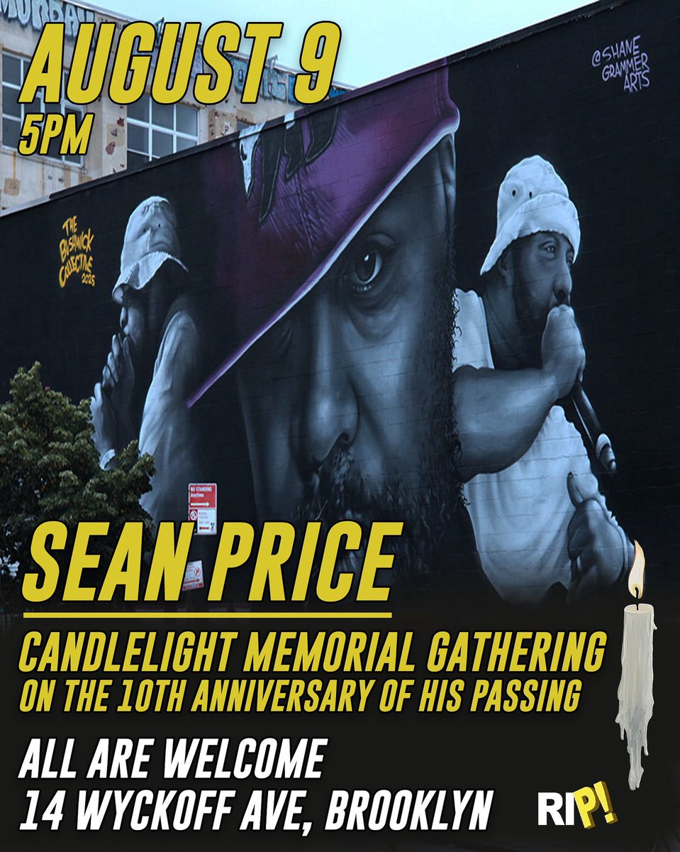 DuckDownMusic's tweet image. 🕯️ Saturday, August 9 @ 5pm @BernadettePric9 will be hosting a candlelight memorial celebrating her late, great husband @SeanPrice on the 10th anniversary of his passing. This event will be held at the new mural located at 14 Wyckoff Ave in Brooklyn and all are welcome to join.