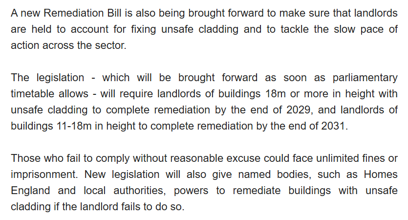 Government's latest cladding announcement appears to have two new bits. A deadline of 2031 for medium rise blocks and a power for the state to step in and do the work if building owners fail to without "reasonable excuse"