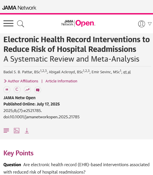 JAMA Network Open (@jamanetworkopen) on Twitter photo Electronic health record (EHR)-based interventions were associated with a 17% reduction in 30-day all-cause hospital readmissions and a 28% reduction in 90-day readmissions. ja.ma/46hiAwm <a href="/BrandonPattar/">Badal (Brandon) Pattar</a> <a href="/ICDC_Research/">Chronic Disease Care</a> Electronic health record (EHR)-based interventions were associated with a 17% reduction in 30-day all-cause hospital readmissions and a 28% reduction in 90-day readmissions. ja.ma/46hiAwm <a href="/BrandonPattar/">Badal (Brandon) Pattar</a> <a href="/ICDC_Research/">Chronic Disease Care</a>