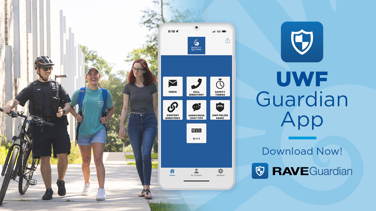 UWF's tweet image. Argos, your safety matters. 💙
Download the #UWF Guardian App to get important campus alerts, right when you need them. 📲
Search “Rave Guardian” in the App Store or Google Play.
🔗 Learn more: uwf.edu/guardian