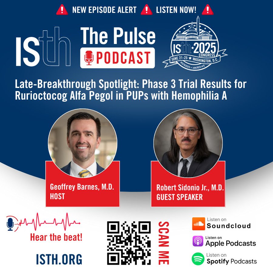 Thomas Reiser (@tomreiser) on Twitter photo For some weekend listening, tune into the latest @ISTH Pulse Podcast for late-breaking news from #ISTH2025! 🎙️Dr. Robert Sidonio joins host <a href="/GBarnesMD/">Geoff Barnes</a> to review the game-changing Phase 3 trial results on rurioctocog alfa pegol in PUPs with severe Hem A
🎧bit.ly/40UOhYM For some weekend listening, tune into the latest @ISTH Pulse Podcast for late-breaking news from #ISTH2025! 🎙️Dr. Robert Sidonio joins host <a href="/GBarnesMD/">Geoff Barnes</a> to review the game-changing Phase 3 trial results on rurioctocog alfa pegol in PUPs with severe Hem A
🎧bit.ly/40UOhYM