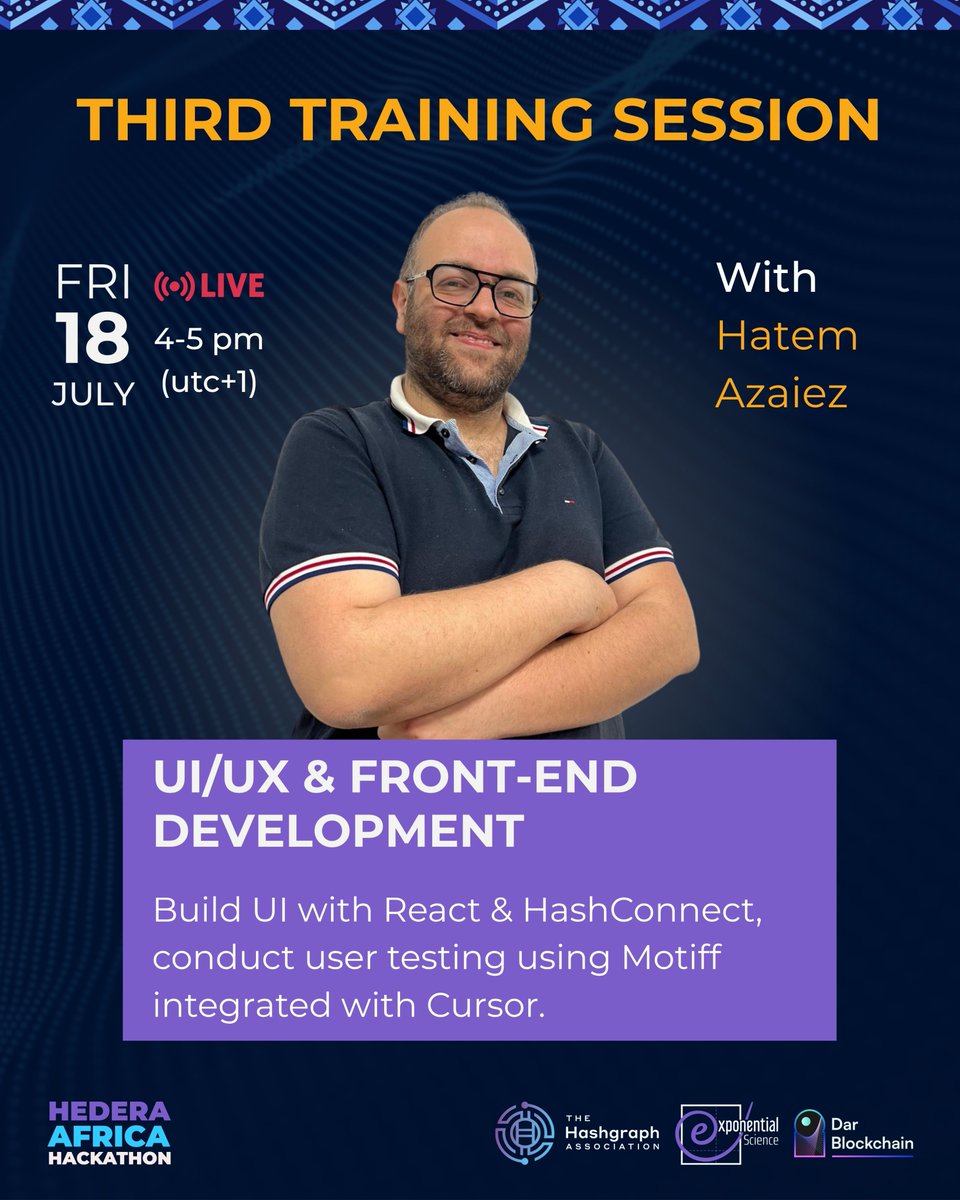 Hedera_Hacks's tweet image. Meet Your Trainer: Hatem Azaiez✨
We’re bringing in another big gun for Training Session 3 of the #hederaafricahackathon, so get ready to design your future with Hatem Azaiez leading the way!
What You’ll Build:
👉🏼 UI magic with React
👉🏼 Integrate HashConnect like a pro
👉🏼…