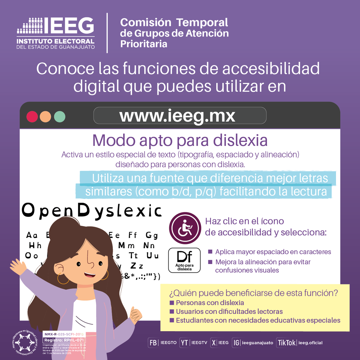 🟣 | El modo apto para dislexia activa un estilo especial de texto (tipografía, espaciado y alineación) diseñado para personas con dislexia, personas con dificultades lectoras y estudiantes con necesidades educativas especiales.

#LaDemocraciaSeViveTodosLosDías