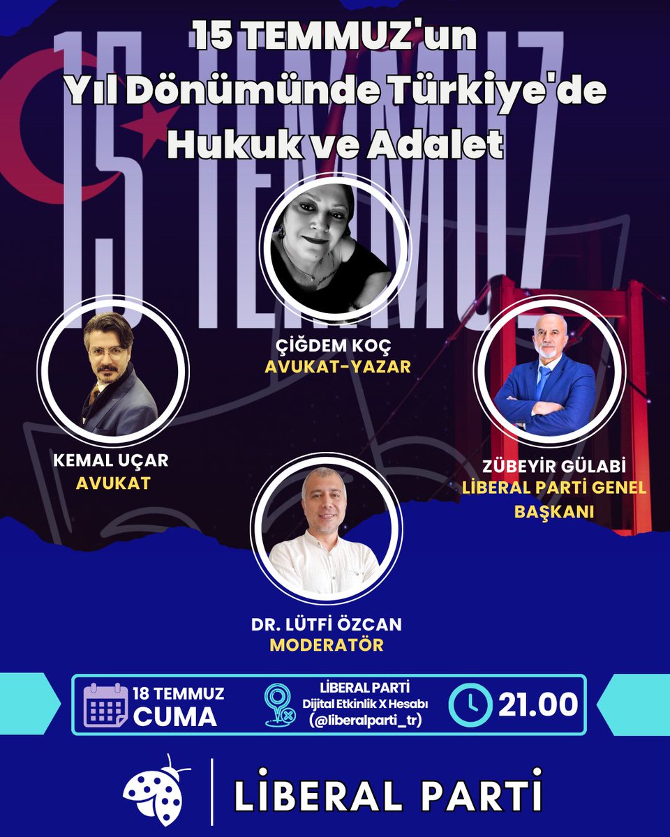 "15 Temmuz'un Yıl Dönümünde Türkiye'de Hukuk ve Adalet" konulu X Space Odası Programına Tüm Halkımız Davetlidir. 

Konuklar: 
Sn. Av. Çiğdem Koç
<a href="/cigdemkc/">ÇİĞDEM KOÇ</a>
Sn. Av. Kemal Uçar
<a href="/crkml/">Kemal Uçar</a>
Genel Başkanımız Sn. Zübeyir Gülabi
<a href="/ZGulabi/">Zübeyir Gülabi</a>

Moderatör: Sakarya İl Başkanımız Sn. Dr. Lütfi Özcan