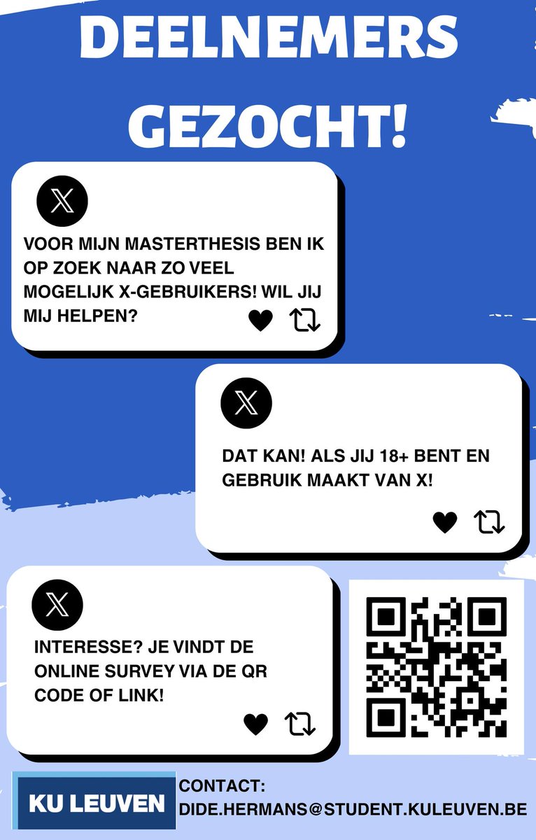 Help je even met een kort onderzoek voor de masterproef van mijn dochter <a href="/HermansDide/">Dide Hermans</a> ? 🙏  Onderzoek gaat over posts op X.  Invullen is anoniem en kort.  Elke deelnemer telt!  Delen mag zeker ook.  Dank !!!!!   
👉 survey.kuleuven.cloud/715562?lang=nl