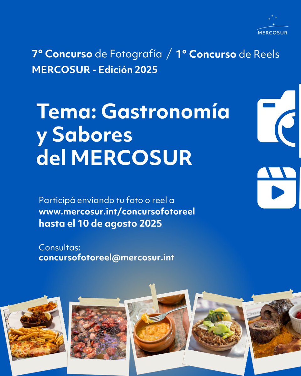 ¡Continúan abiertas las inscripciones! Hasta el 🗓10 de agosto, participá del 7° Concurso de Fotografía y 1° Concurso de Reels del MERCOSUR. El tema es delicioso: “Gastronomía y Sabores del MERCOSUR”.
  
Si tenés más de 18 años, sos de 🇧🇷 🇦🇷 🇧🇴 🇵🇾 🇺🇾, ¡esta es tu oportunidad de