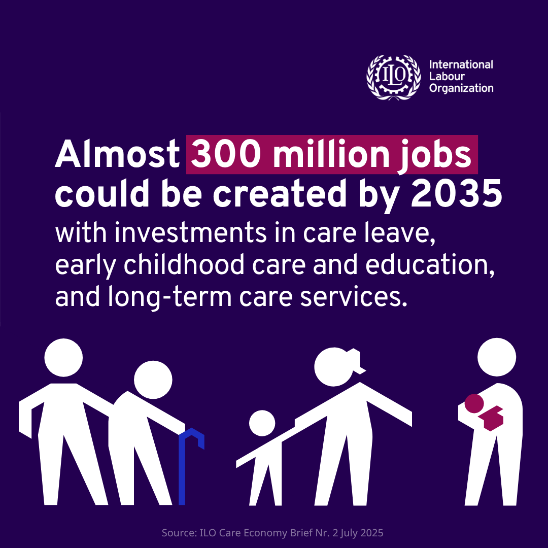 ILOAfrica's tweet image. Almost 300M new care jobs!
A new @ilo brief highlights how public investment in care services can tackle the global care crisis, boost women’s employment & empower communities. #CareEconomy ow.ly/XCEb50Wr4ep