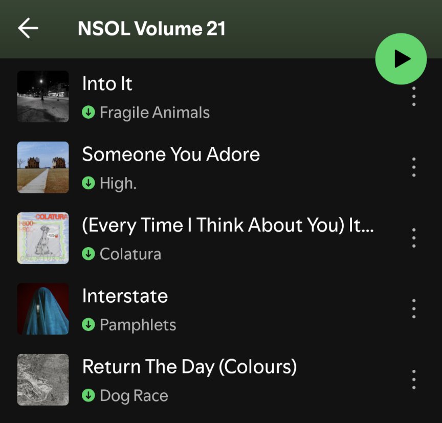 New Sounds are Marvellous

Every 10 recs I make a NSOL playlist

Here's #21, it's pretty neat &amp; contains great new music to sink your ears into

open.spotify.com/playlist/3RDev…

Feat
ThisIsLorelei
Whitelands
TheoBleak
HighSchool
LucyDacus
FragileAnimals
High.
Colatura
Pamphlets
DogRace