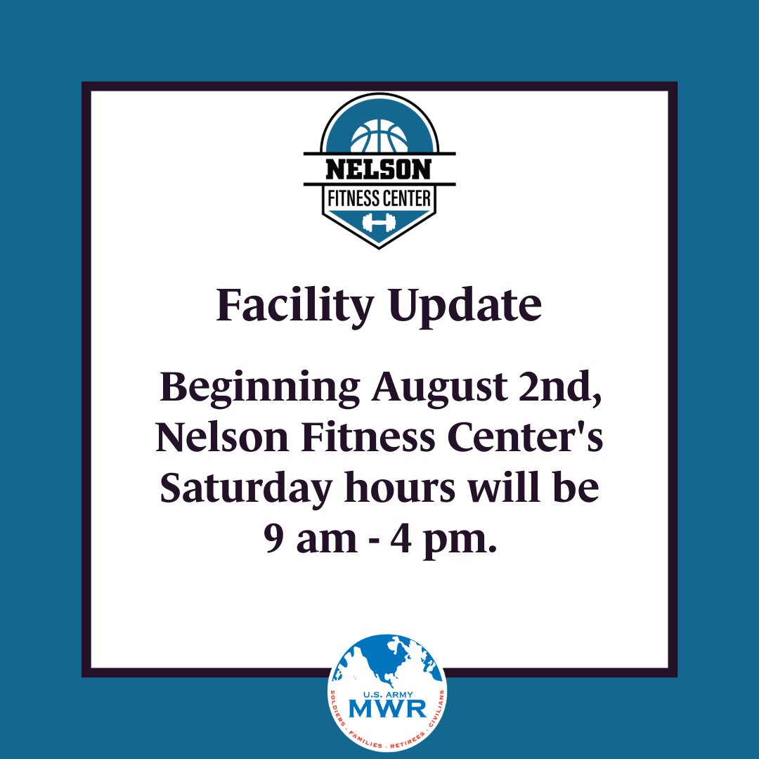 FtGordonMWR's tweet image. Attention @USAGFortGordon! Beginning this Saturday, August 2nd, Nelson Fitness Center's Saturday hours will be from 9 am to 4 pm.

#GordonMWR #NelsonFitnessCenter #UpdatedHours