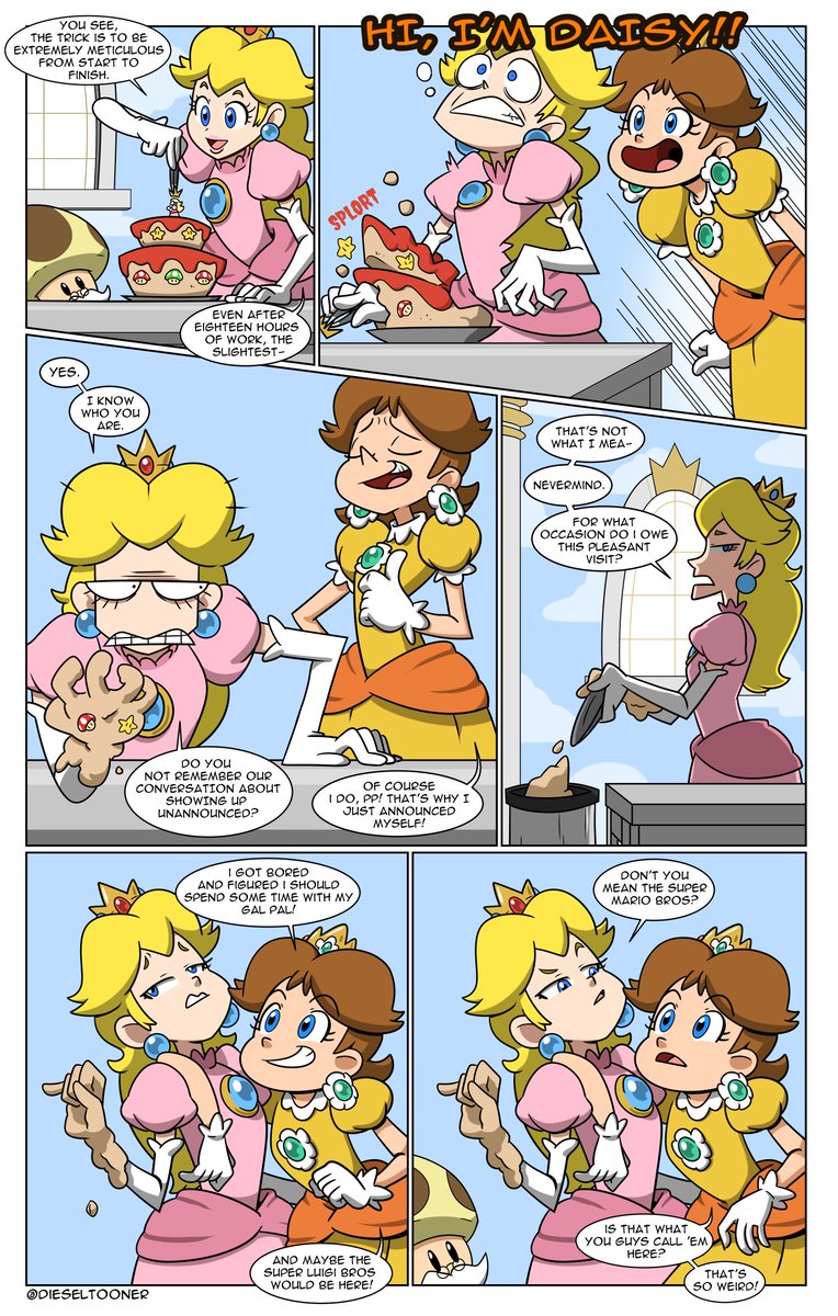 DieselTooner's tweet image. Comic time! I always thought it'd be funny if Peach and Daisy's friendship was one-sided.
Fun fact: Peach hates that nickname. #SuperMarioBros #fanart