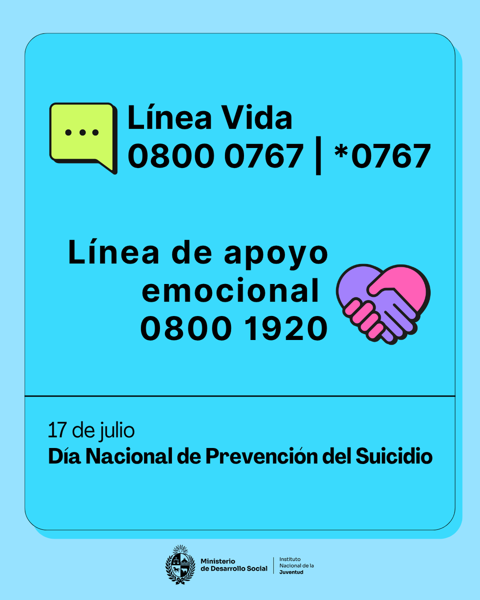 ✨ Este 17 de julio, Día Nacional de Prevención del Suicidio, elegimos hablar, acompañar y estar presentes. Porque hablar salva. Escuchar también. Y nadie tiene que atravesar nada solo.

📞 Línea Vida 0800 0767
📱 Desde tu cel: *0767
💬 Línea de apoyo emocional 0800 1920