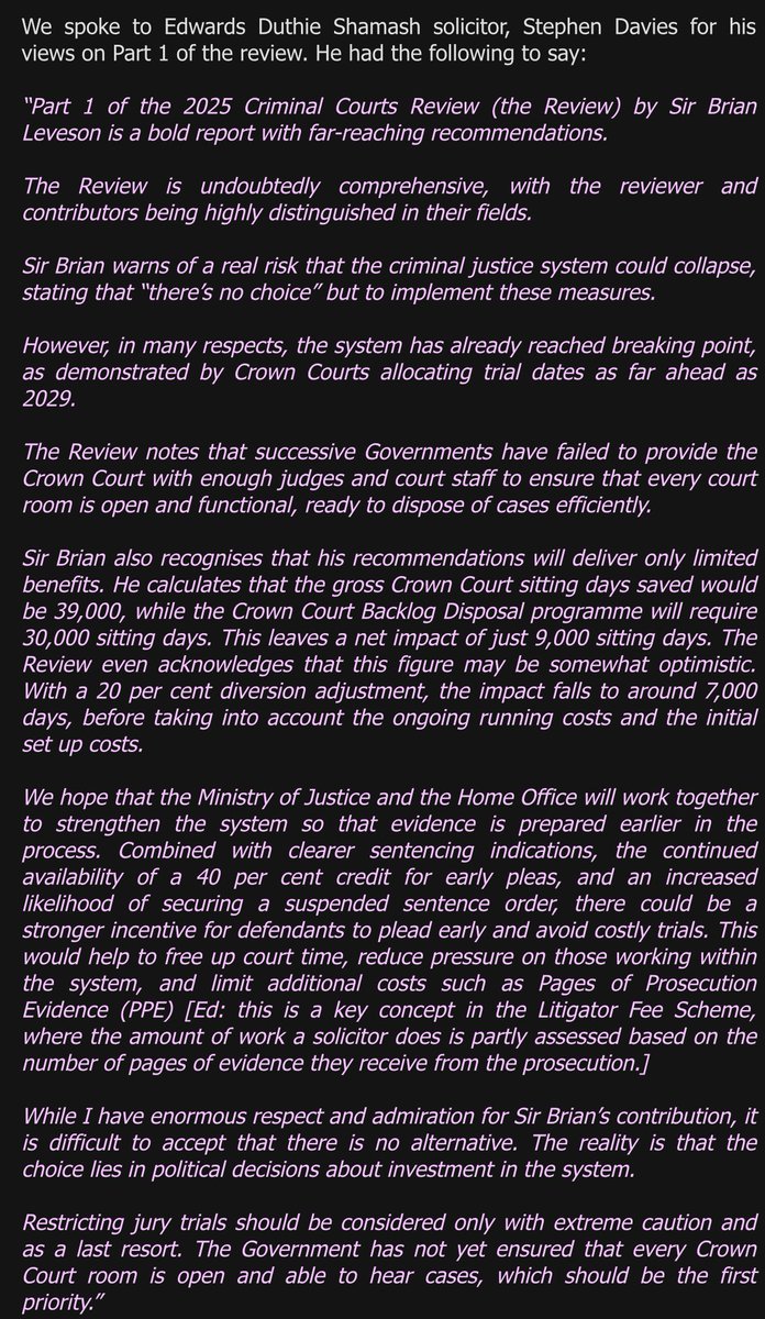 sdavieslaw's tweet image. I am pleased to contribute to @APPGJustice’s Summer Bulletin regarding Leveson’s Review of Criminal Courts
In R v Crawley, Sir Brian said abuse of process is a remedy of “last resort.” I say the same about restricting jury trials
Open every court room!
mailchi.mp/c9faa9020859/a…