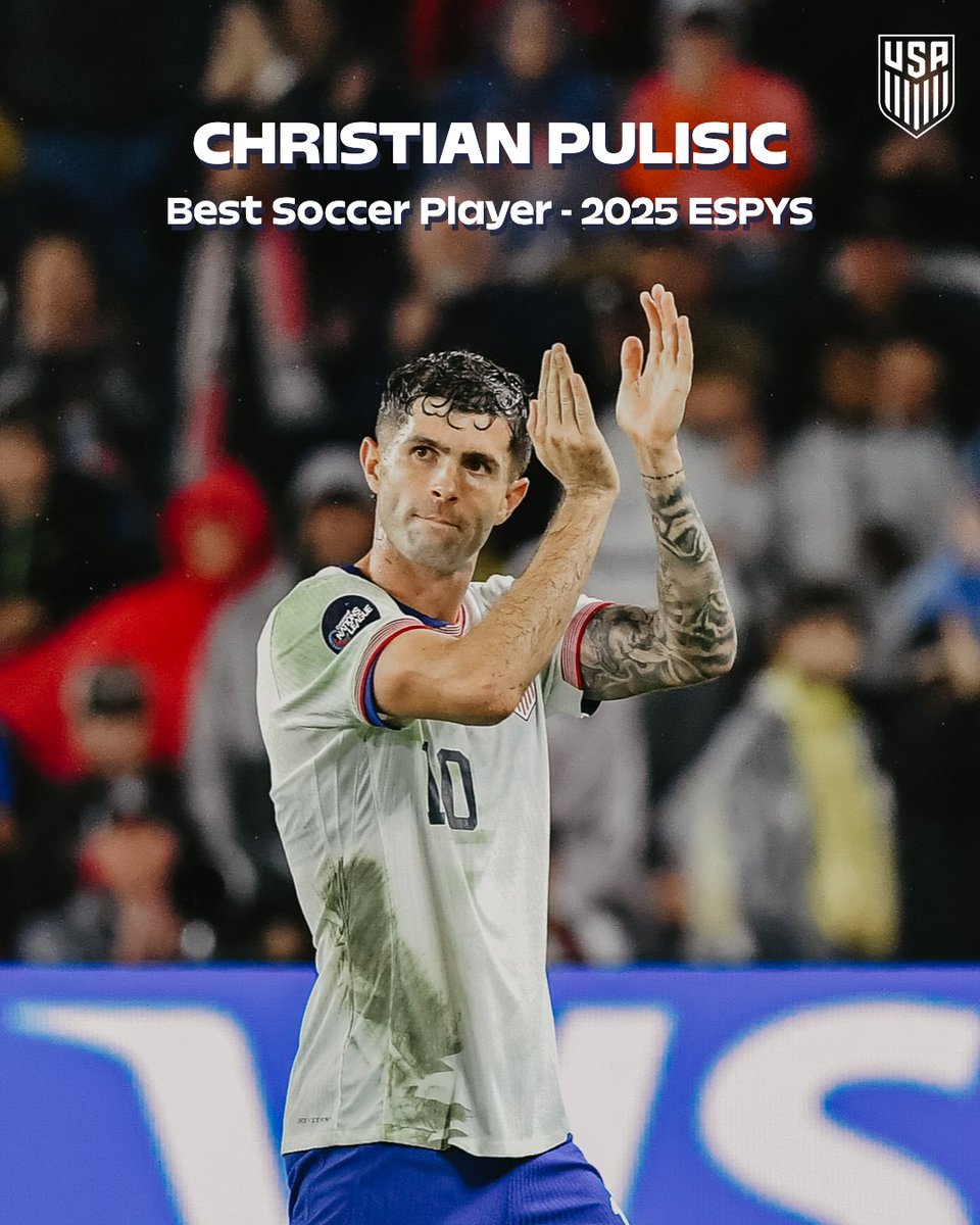USMNT's tweet image. Congrats to @pulisic on being named Best Soccer Player at the 2025 @ESPYS! 👏