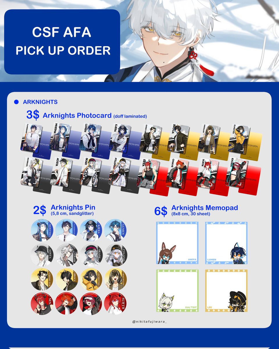 kmkt1919's tweet image. Hello! I open a pick up order for CSF AFA and here's my catalogue!
🗓️ 17 - 24 July 2025
📍 Booth Arteins
🎨 Fandom : Arknights & PGR
🔗 docs.google.com/forms/d/e/1FAI…
❤ & 🔄 very appreciated ✨
*rate price based USD and payment via Paypal only
#AFACSF #AFACSFSG25
