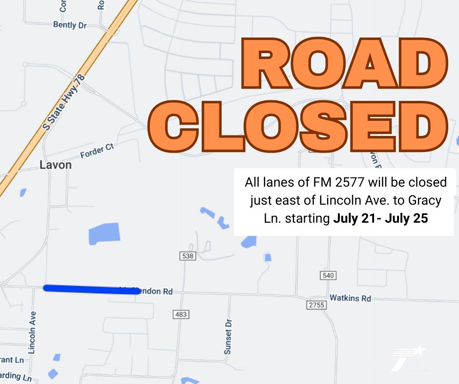 TxDOTDallas's tweet image. 🚨COLLIN COUNTY🚨 - All lanes of FM 2755 will be closed between Gracy Lane and Lincoln Avenue in #Lavon from 9a July 21 through 3p July 25 as part of the ongoing pavement project. Traffic will be detoured, and drivers will need to plan ahead.